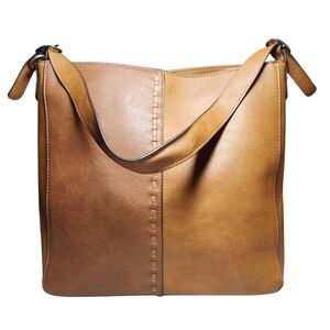 Hobo Brown Tan Faux Leather Shoulder Bag Slouchy Oversized Stitched Preppy Work‎